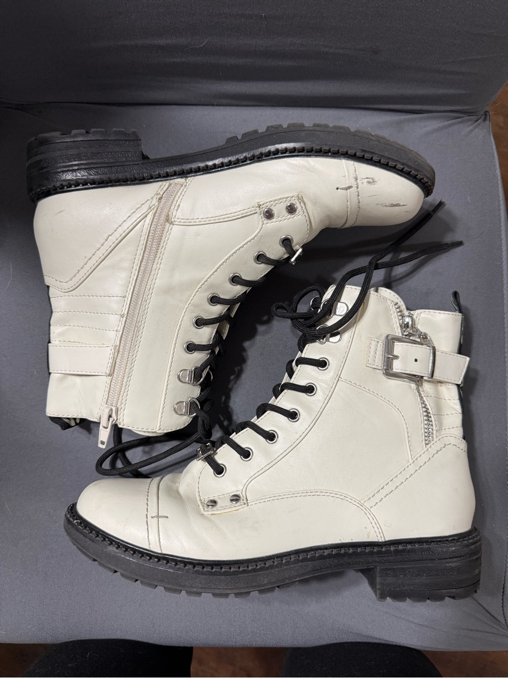 GBG Los Angeles White Lace-Up Combat Boots with Buckle